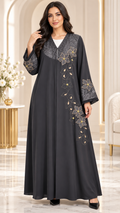 Golden Floral Lace Embroidered Abaya - AF1026