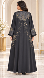 Golden Floral Lace Embroidered Abaya - AF1026