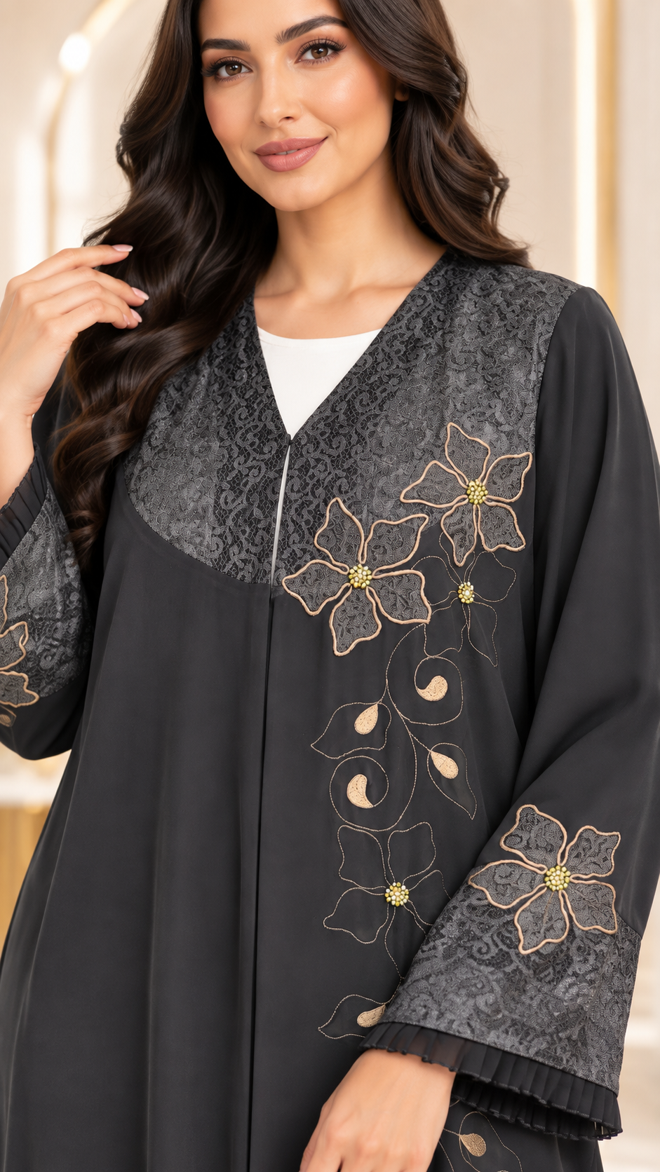 Golden Floral Lace Embroidered Abaya - AF1026