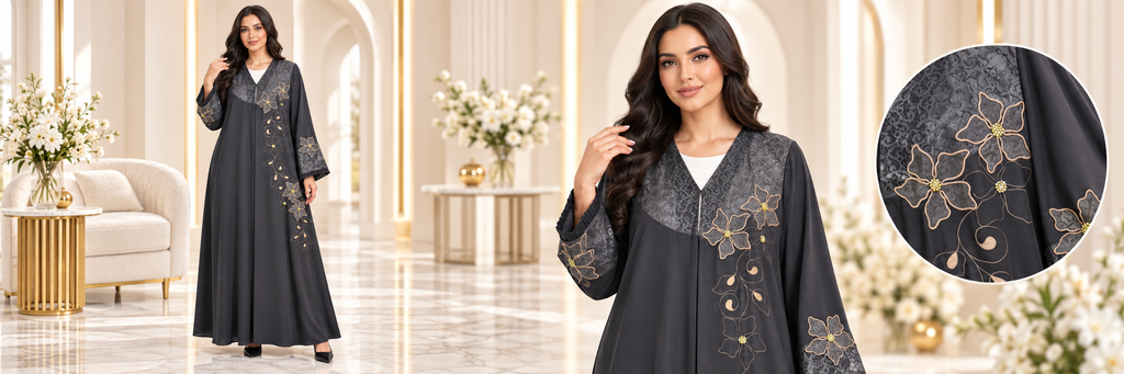 Golden Floral Lace Embroidered Abaya - AF1026