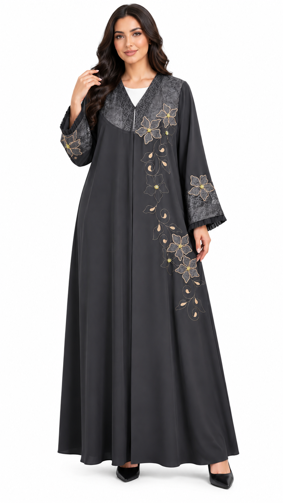 Golden Floral Lace Embroidered Abaya - AF1026