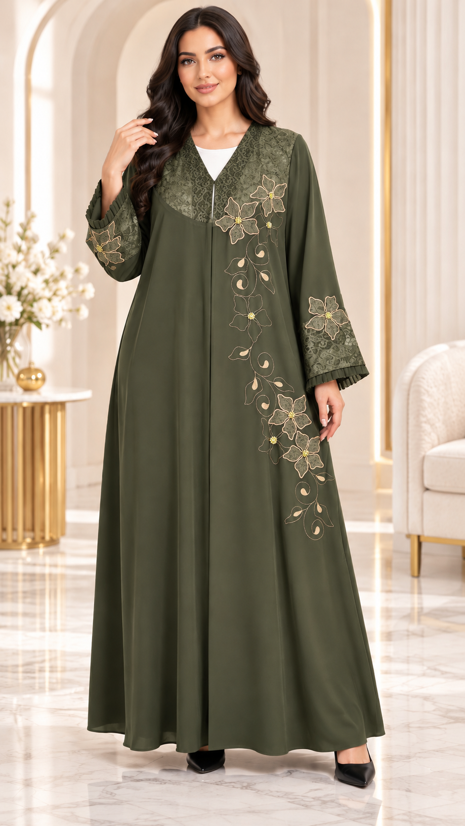 Golden Floral Lace Embroidered Abaya - AF1026
