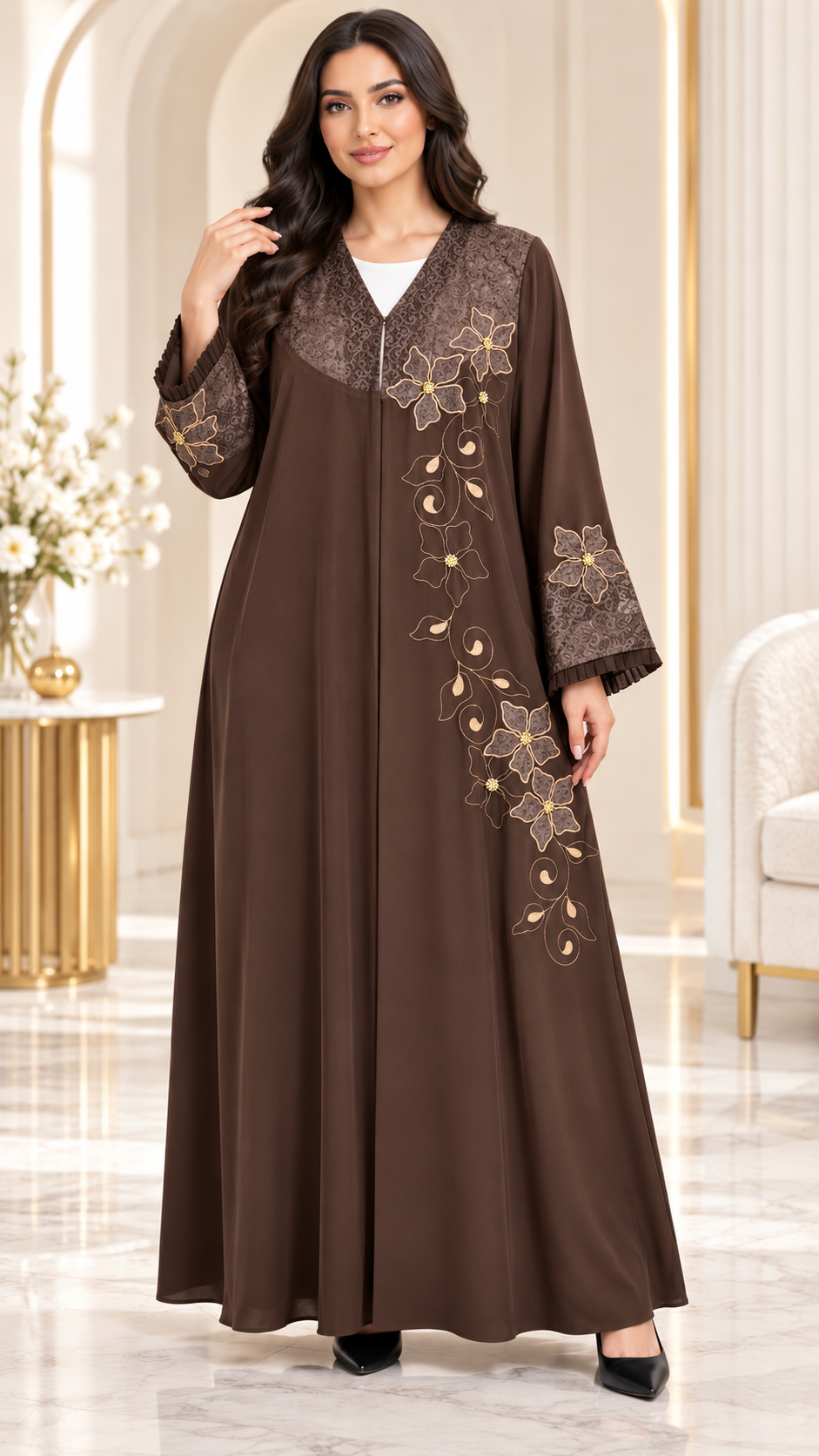 Golden Floral Lace Embroidered Abaya - AF1026
