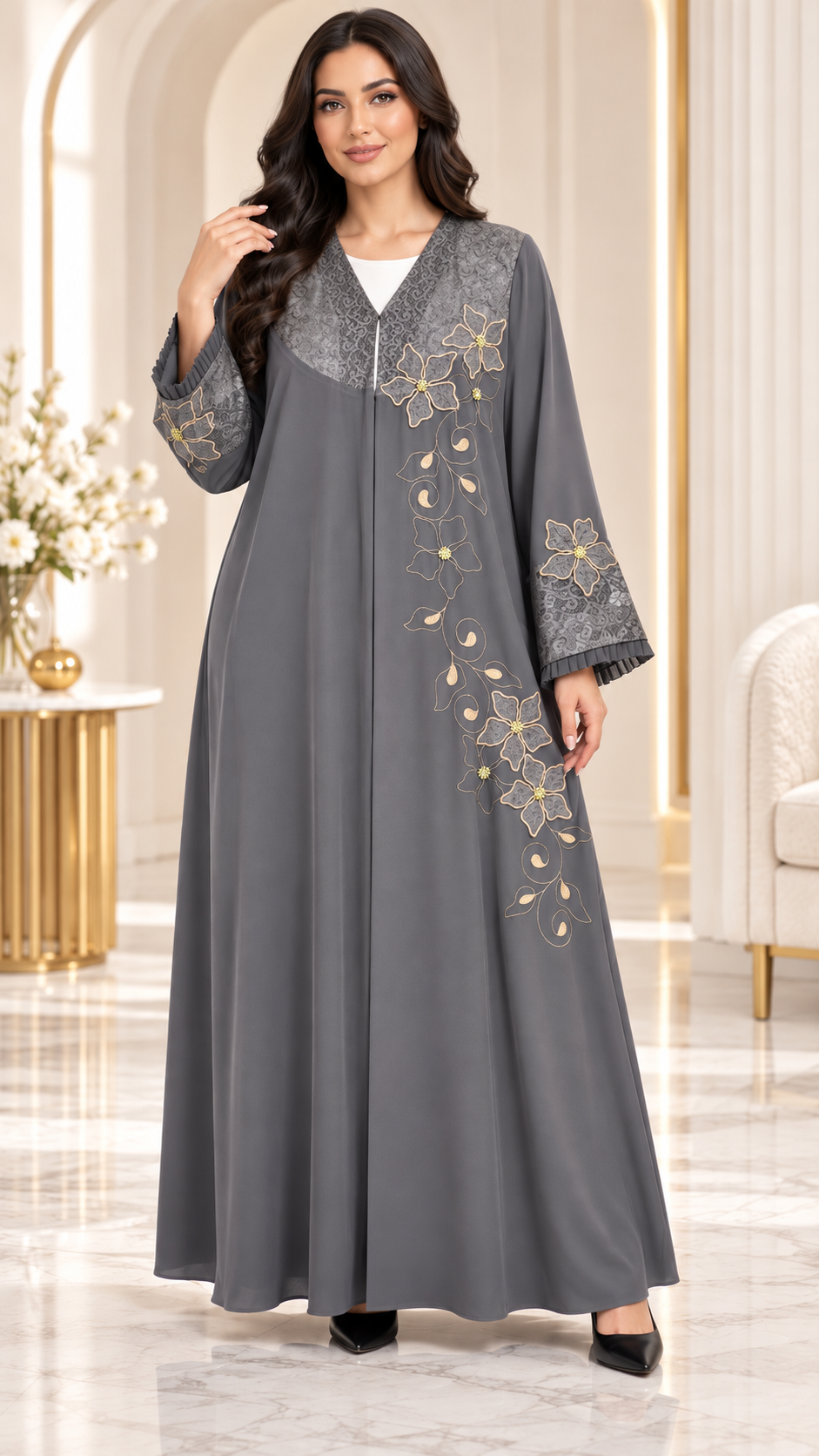 Golden Floral Lace Embroidered Abaya - AF1026
