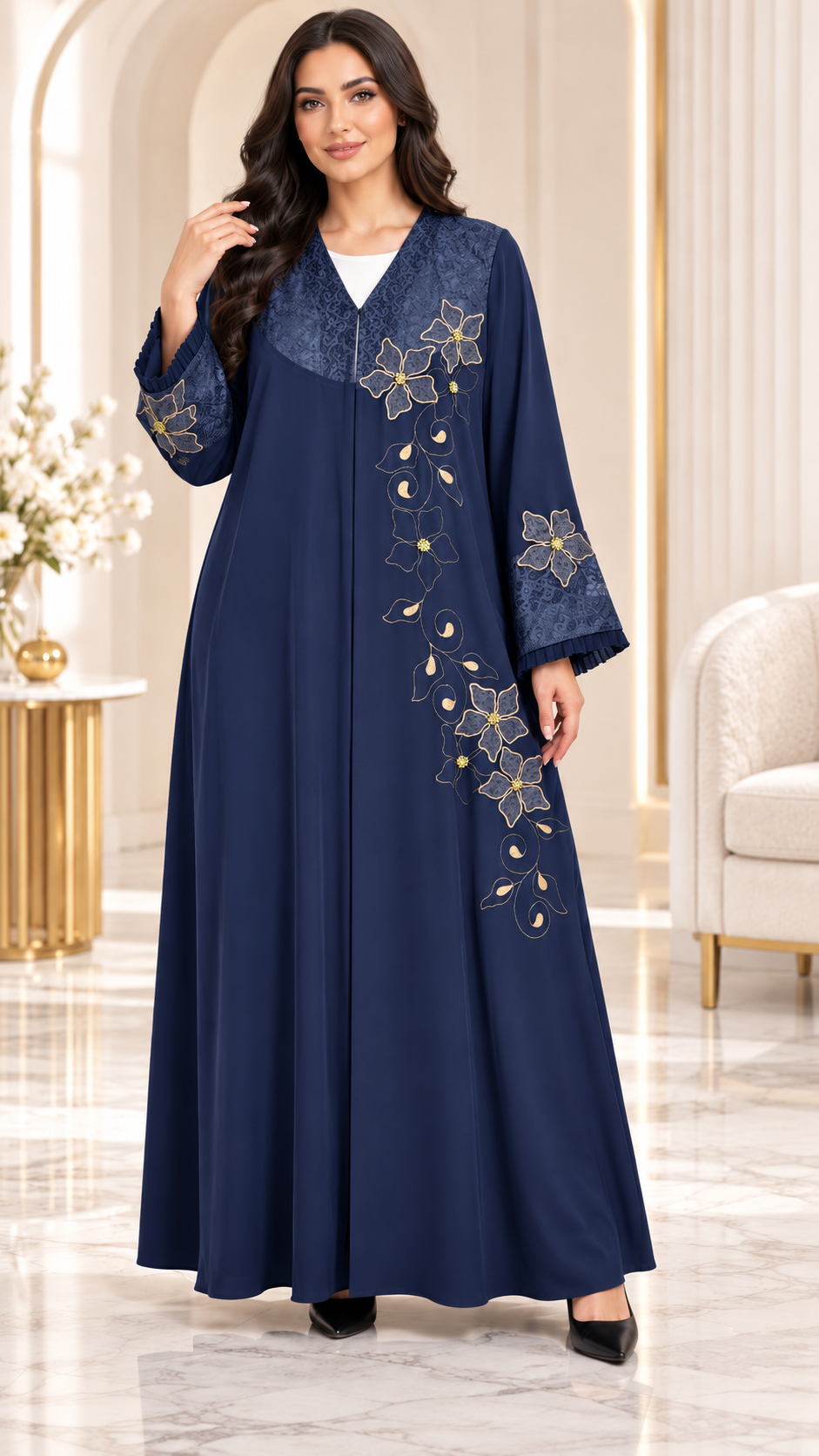 Golden Floral Lace Embroidered Abaya - AF1026