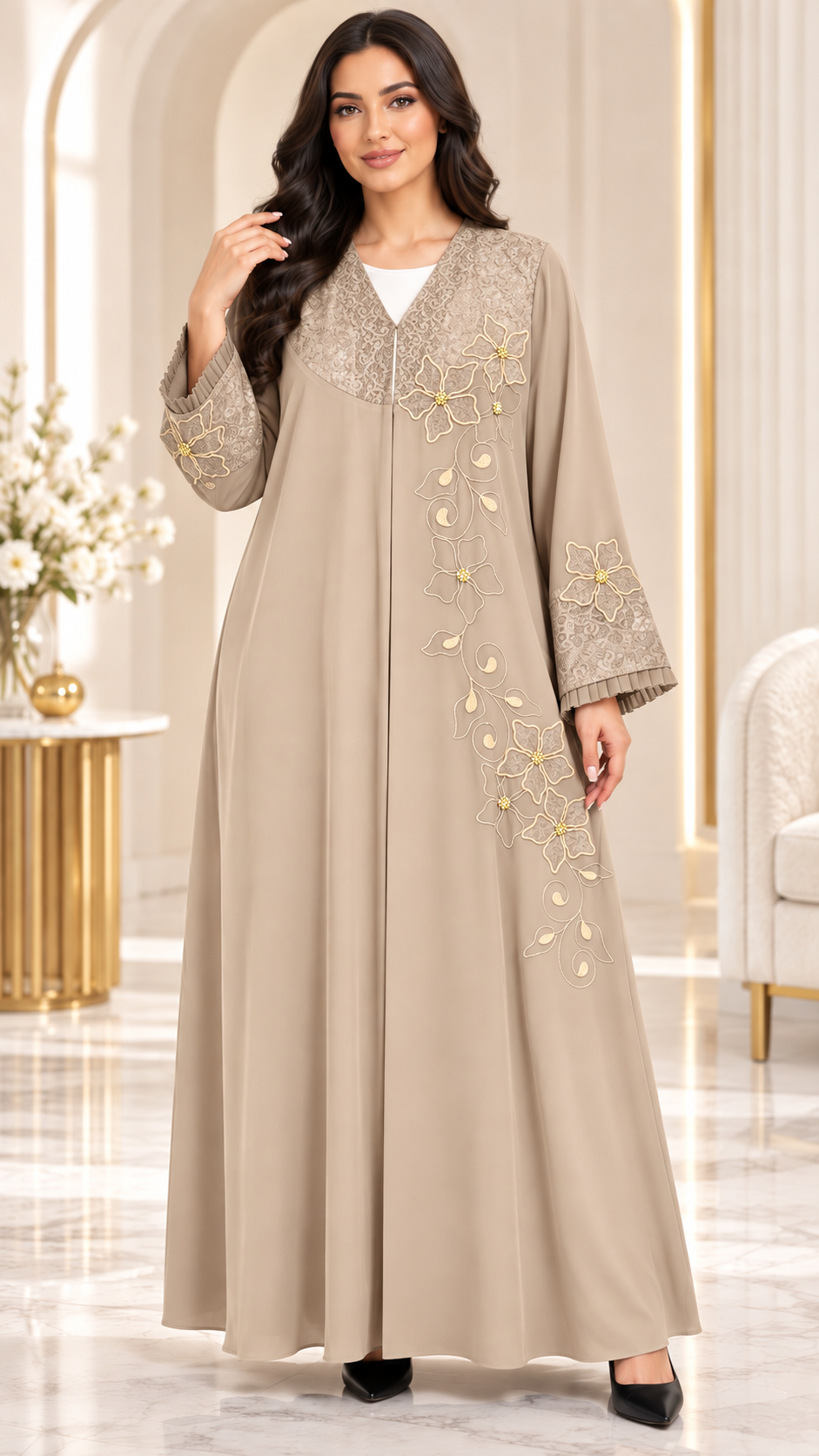 Golden Floral Lace Embroidered Abaya - AF1026