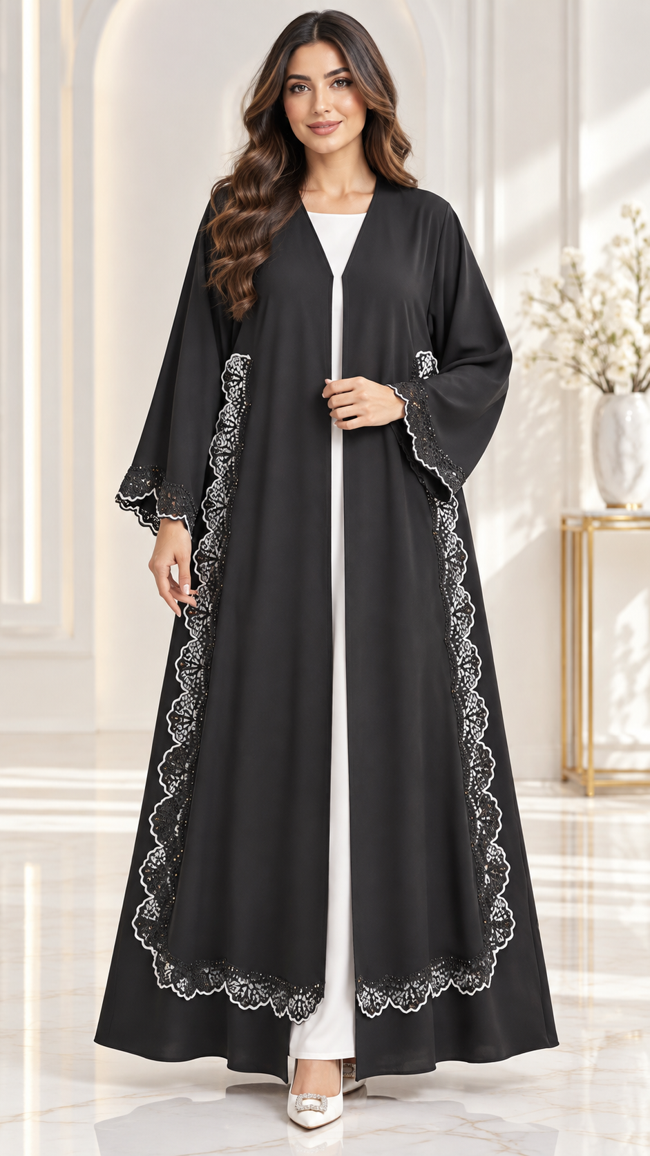 Elegant Scallop Lace Stonework Open Abaya - AF1027