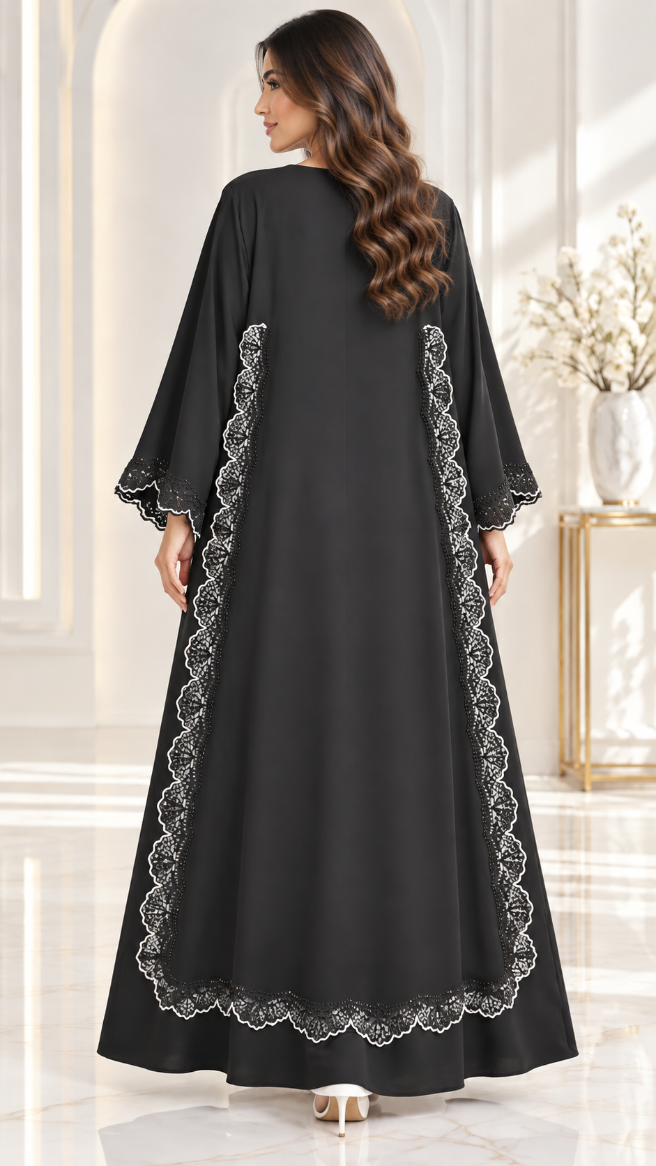 Elegant Scallop Lace Stonework Open Abaya - AF1027