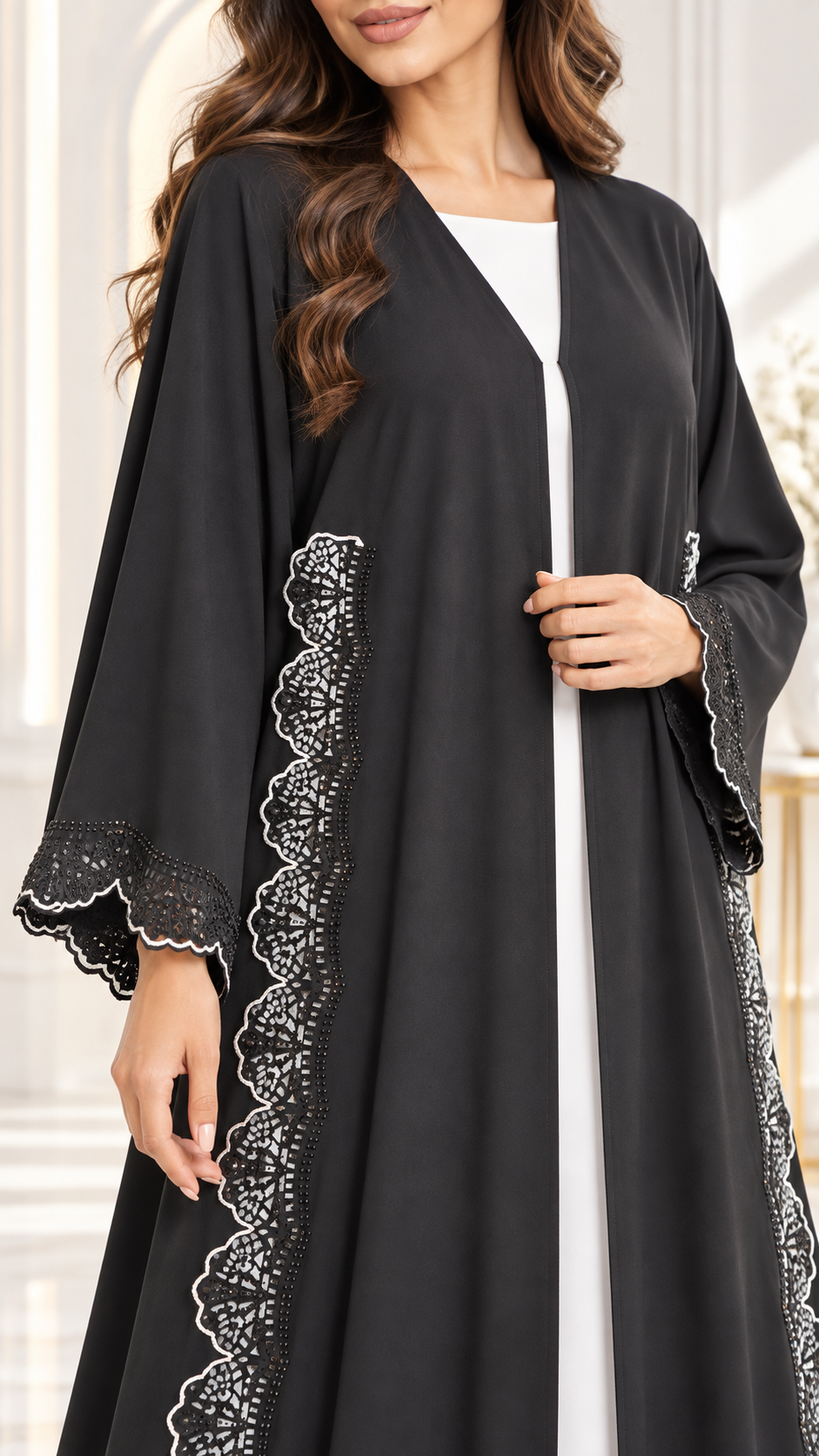 Elegant Scallop Lace Stonework Open Abaya - AF1027