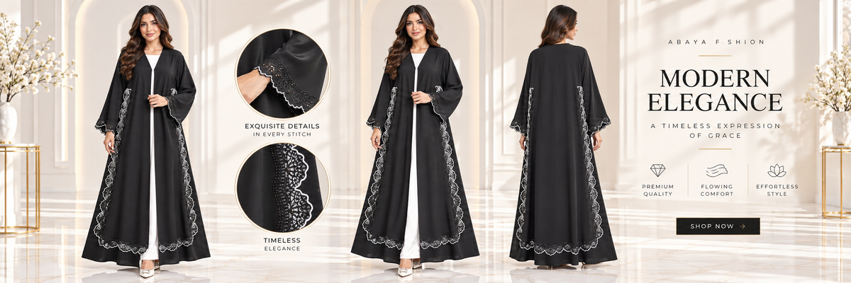 Elegant Scallop Lace Stonework Open Abaya - AF1027