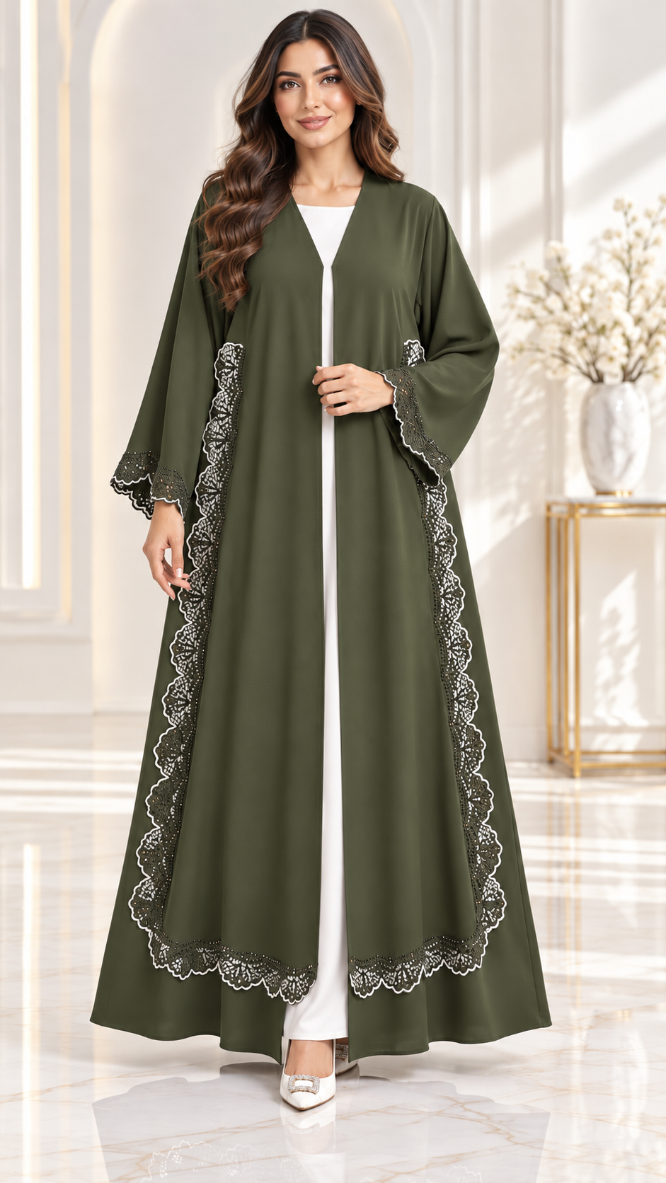 Elegant Scallop Lace Stonework Open Abaya - AF1027