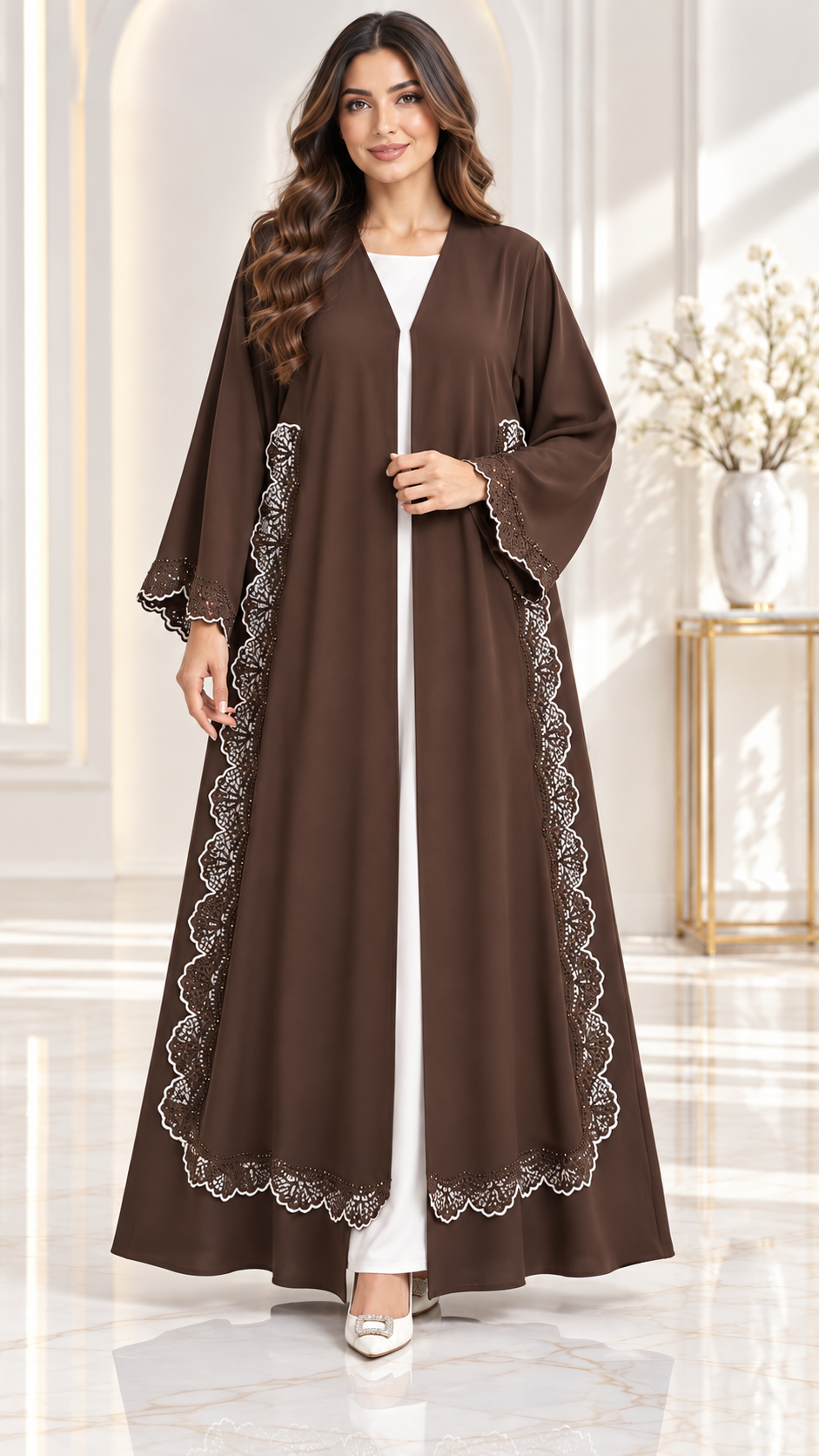 Elegant Scallop Lace Stonework Open Abaya - AF1027