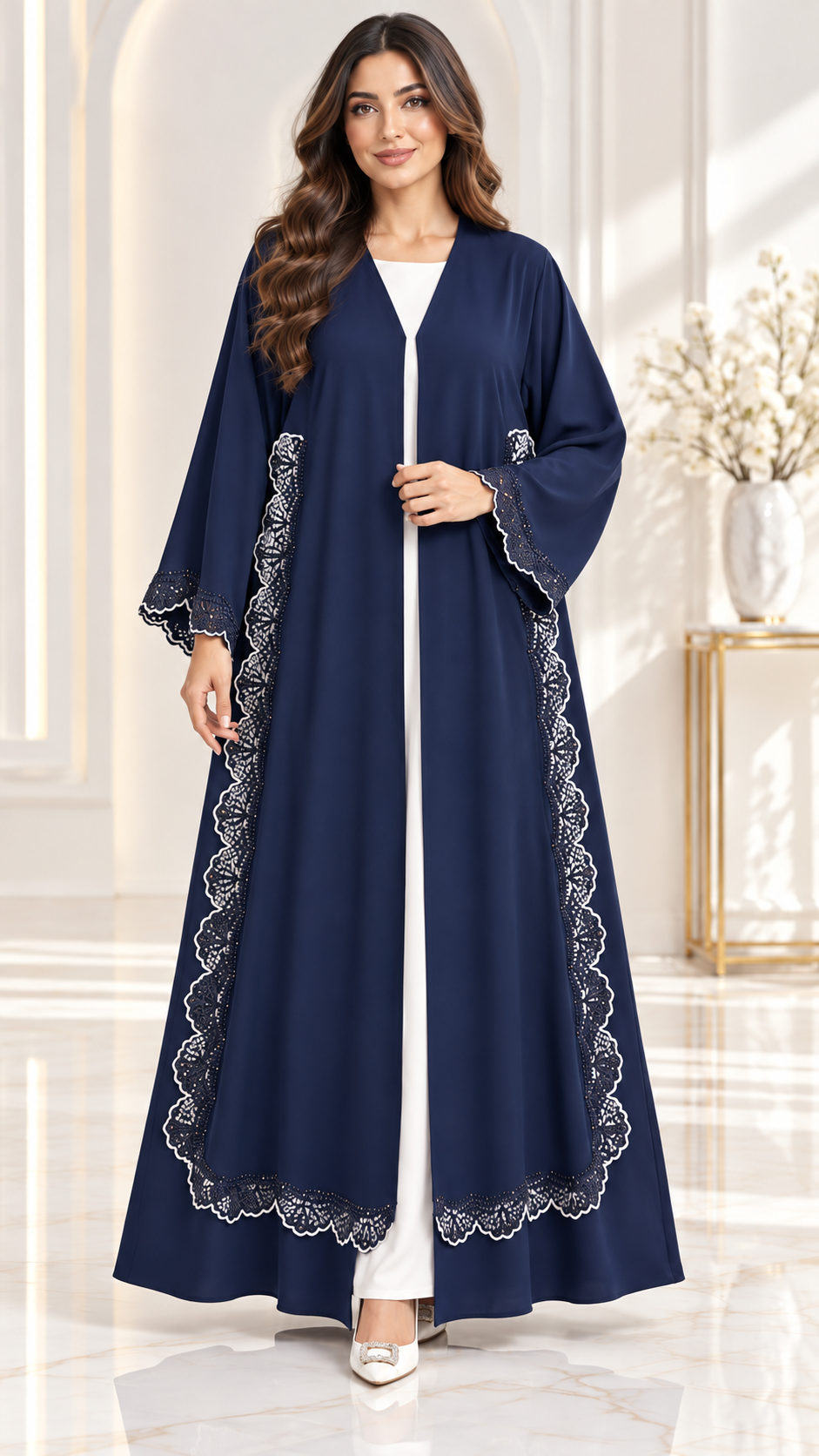 Elegant Scallop Lace Stonework Open Abaya - AF1027