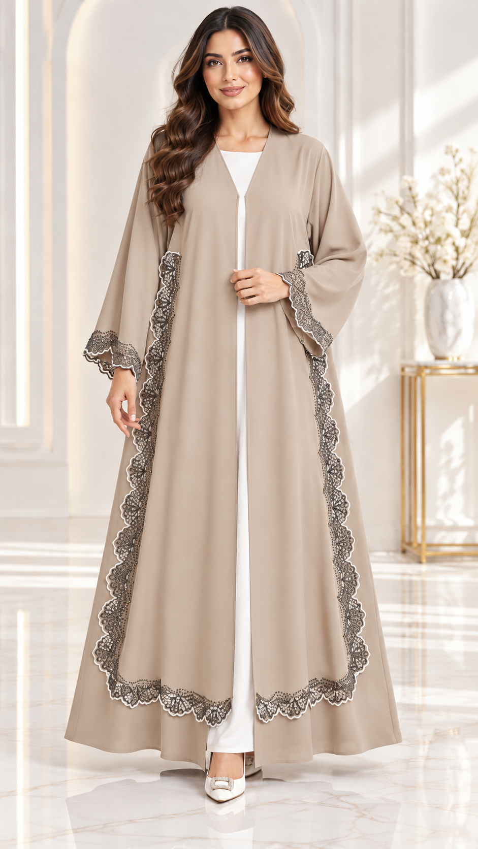 Elegant Scallop Lace Stonework Open Abaya - AF1027