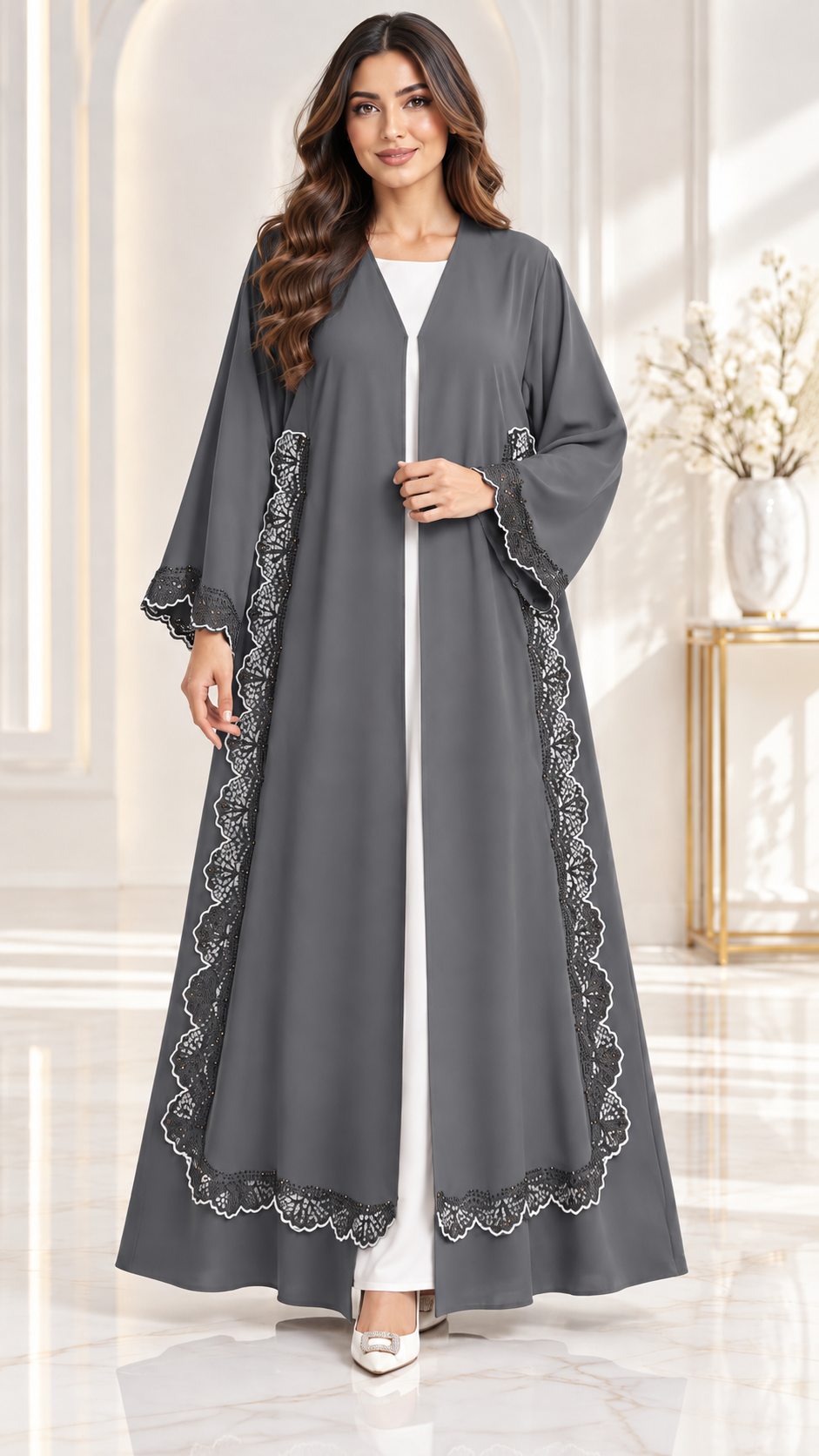 Elegant Scallop Lace Stonework Open Abaya - AF1027