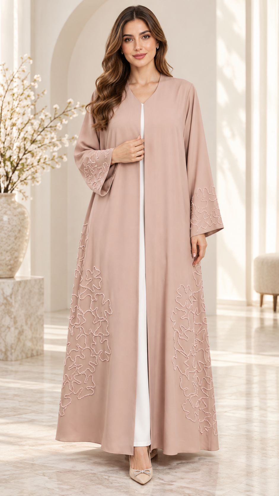 Blush Beige Floral Outline Embellished Open Abaya - AF1028