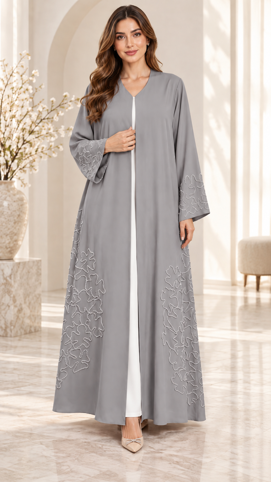 Blush Beige Floral Outline Embellished Open Abaya - AF1028