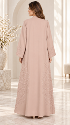 Blush Beige Floral Outline Embellished Open Abaya - AF1028