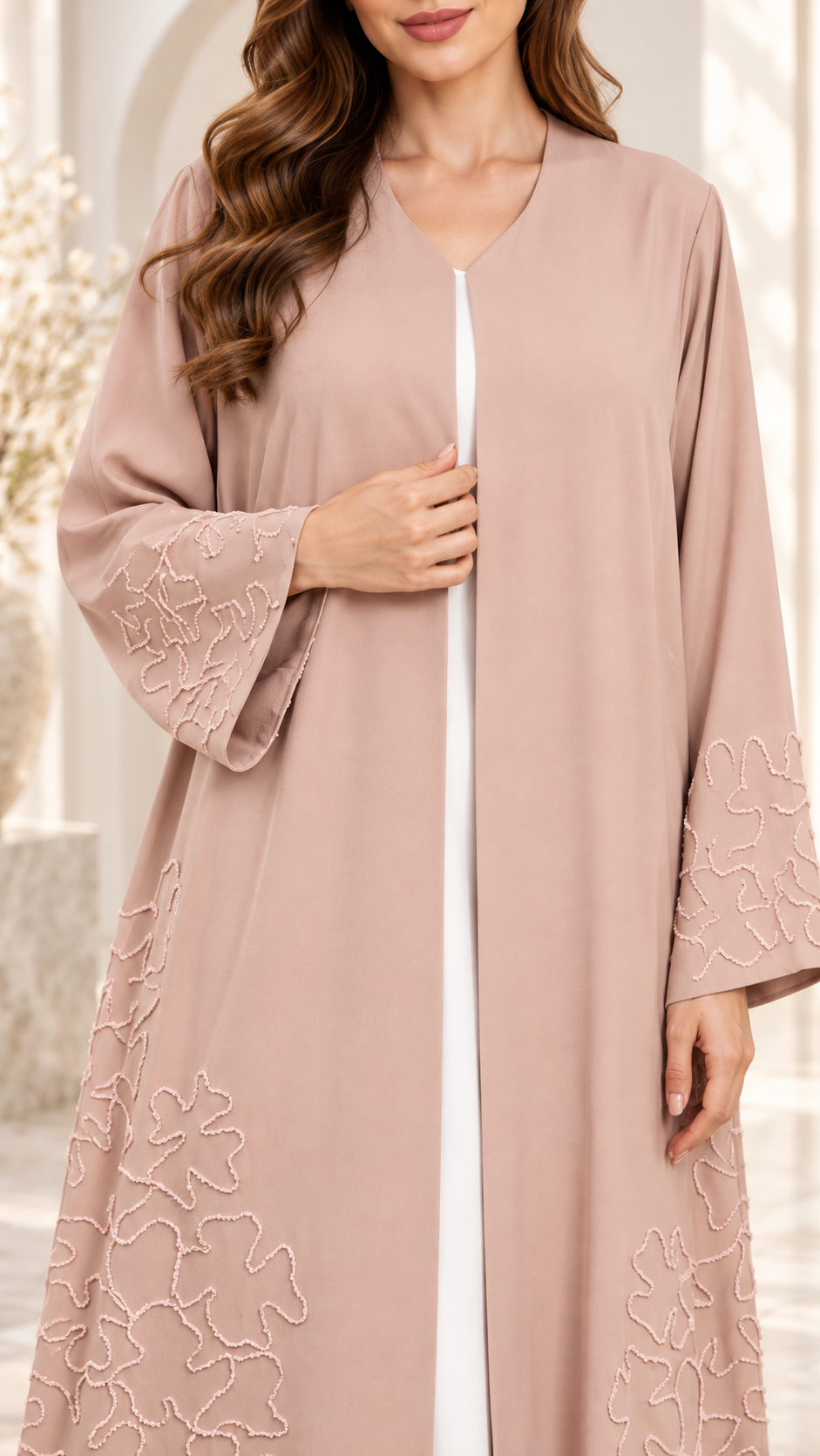 Blush Beige Floral Outline Embellished Open Abaya - AF1028