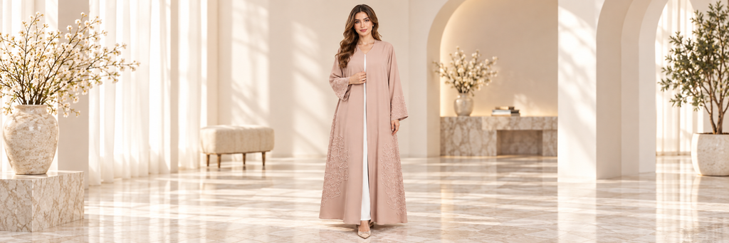 Blush Beige Floral Outline Embellished Open Abaya - AF1028
