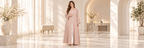 Blush Beige Floral Outline Embellished Open Abaya - AF1028