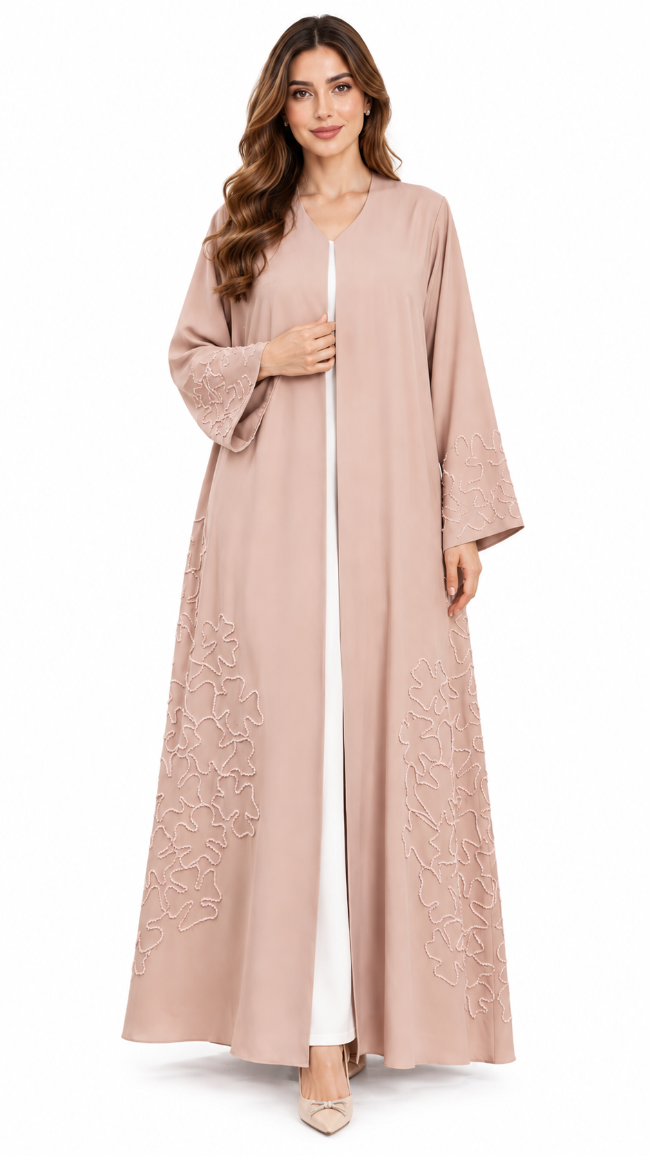Blush Beige Floral Outline Embellished Open Abaya - AF1028