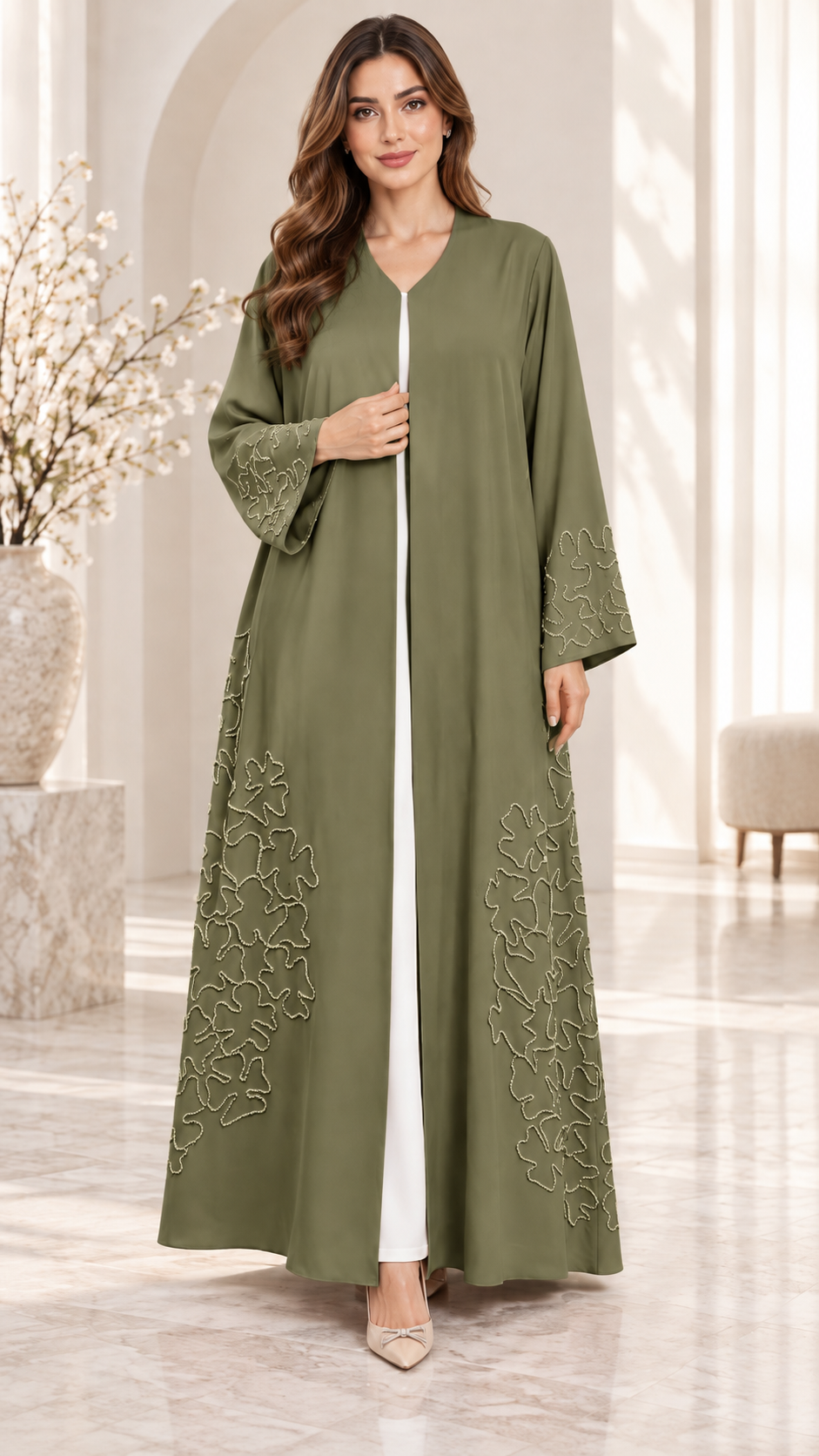 Blush Beige Floral Outline Embellished Open Abaya - AF1028
