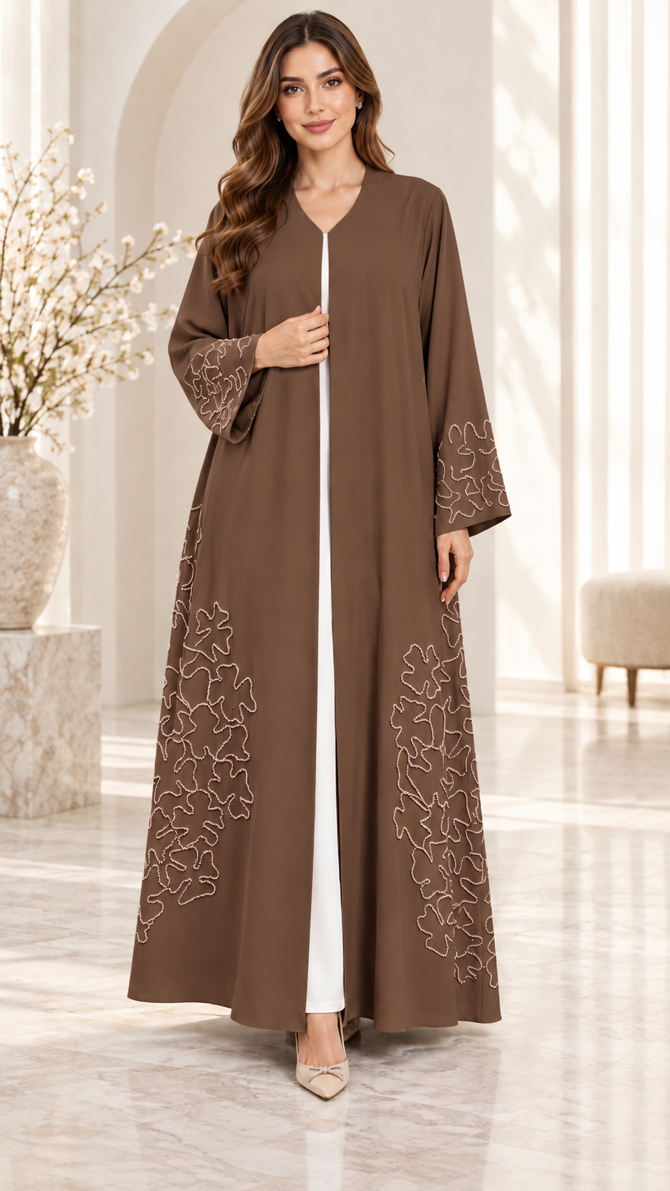 Blush Beige Floral Outline Embellished Open Abaya - AF1028