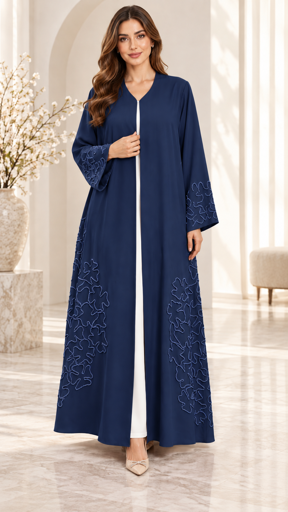 Blush Beige Floral Outline Embellished Open Abaya - AF1028