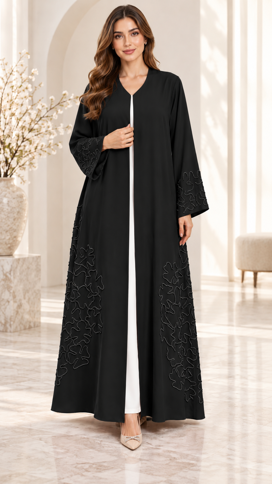 Blush Beige Floral Outline Embellished Open Abaya - AF1028