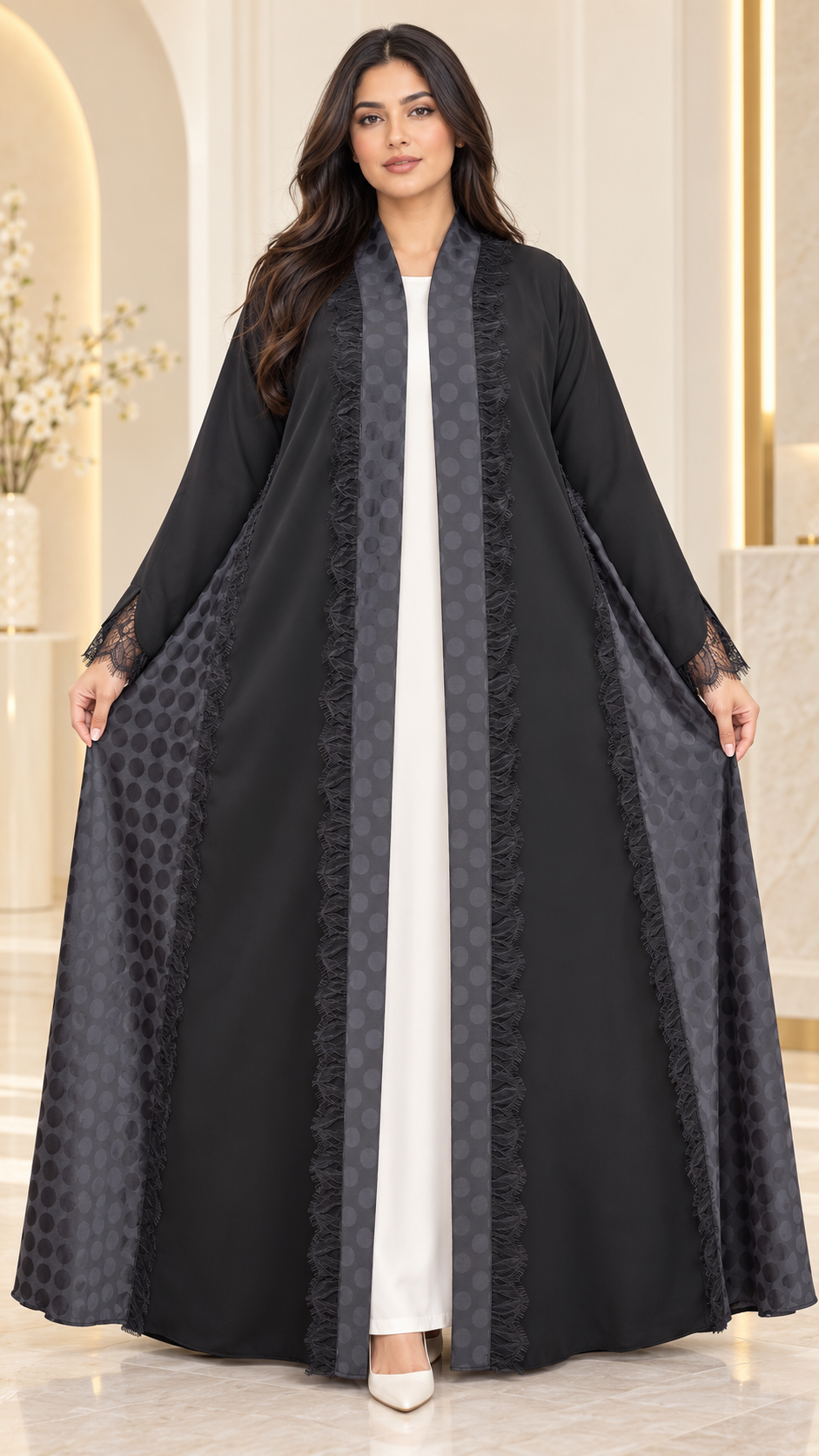 Elegant Flared Open Abaya | Nida PEB with Dantel & Lace | Premium Abaya UAE | AF1008