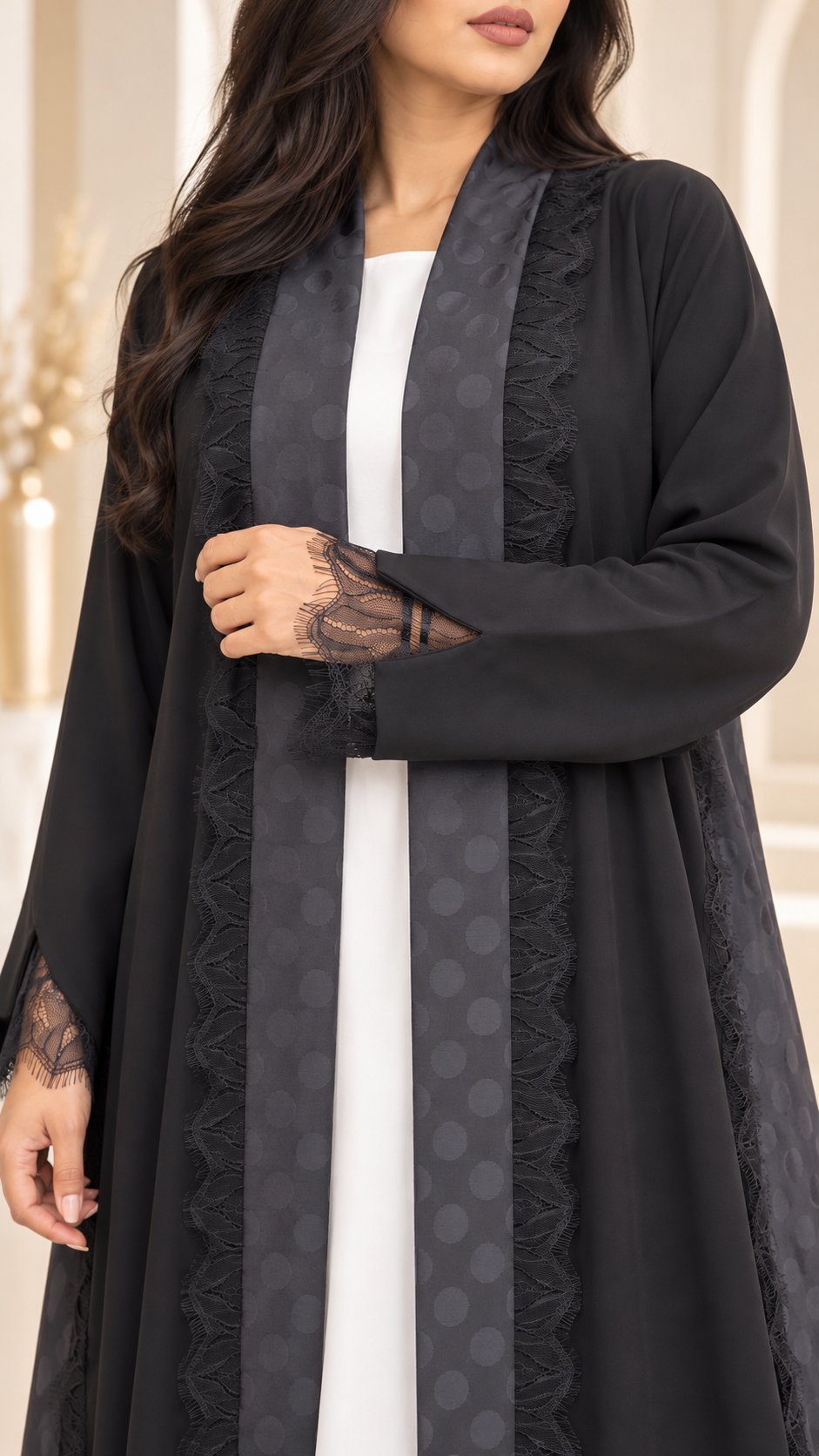 Elegant Flared Open Abaya | Nida PEB with Dantel & Lace | Premium Abaya UAE | AF1008