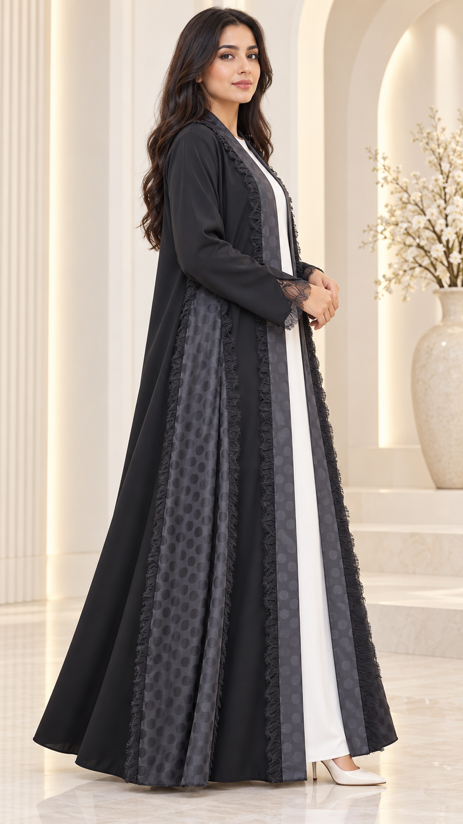 Elegant Flared Open Abaya | Nida PEB with Dantel & Lace | Premium Abaya UAE | AF1008