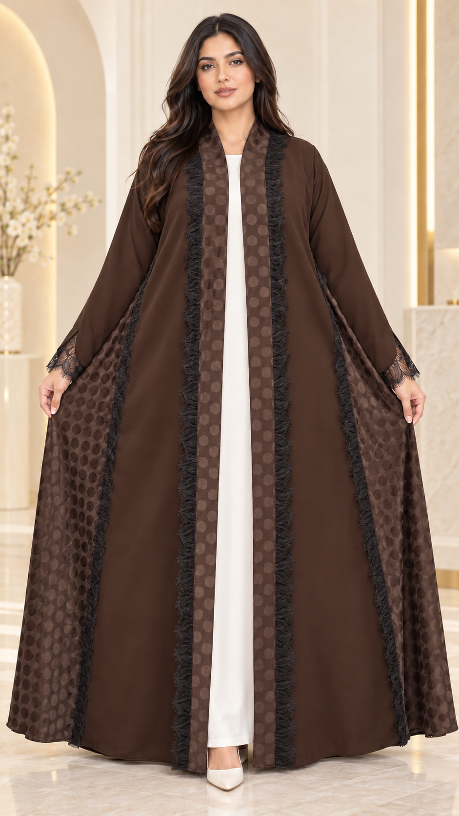 Elegant Flared Open Abaya | Nida PEB with Dantel & Lace | Premium Abaya UAE | AF1008
