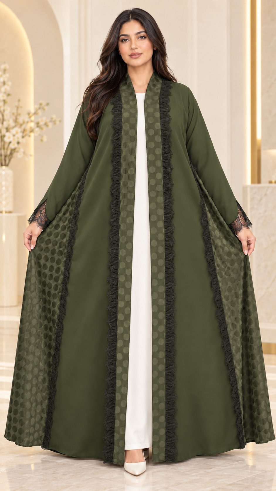 Elegant Flared Open Abaya | Nida PEB with Dantel & Lace | Premium Abaya UAE | AF1008