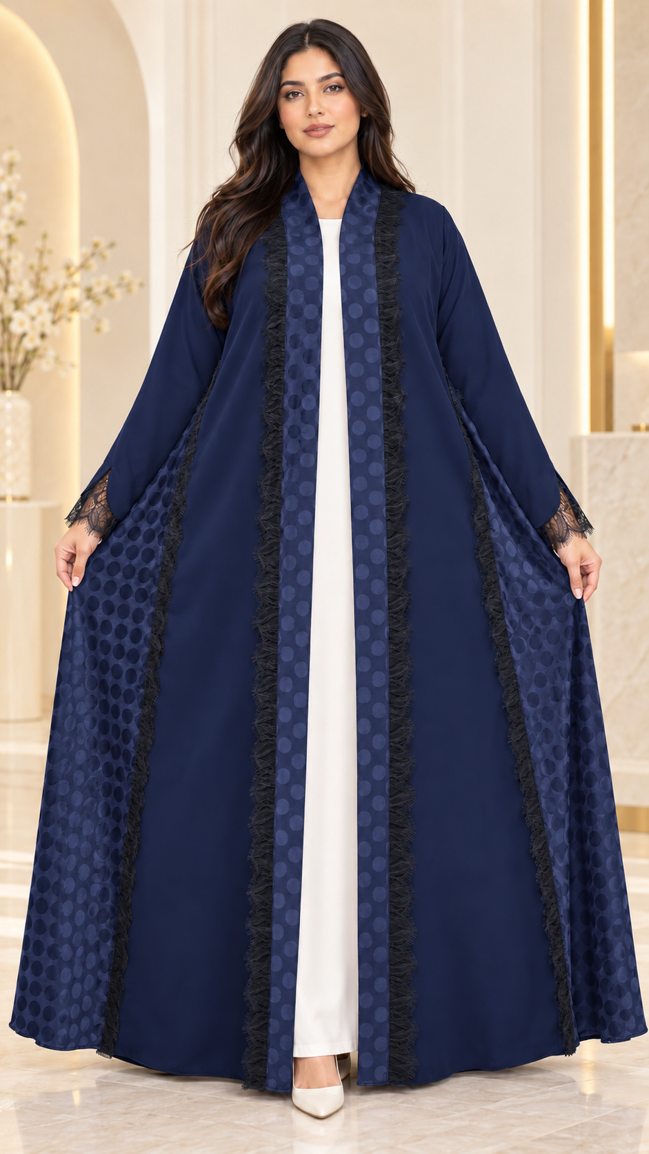 Elegant Flared Open Abaya | Nida PEB with Dantel & Lace | Premium Abaya UAE | AF1008
