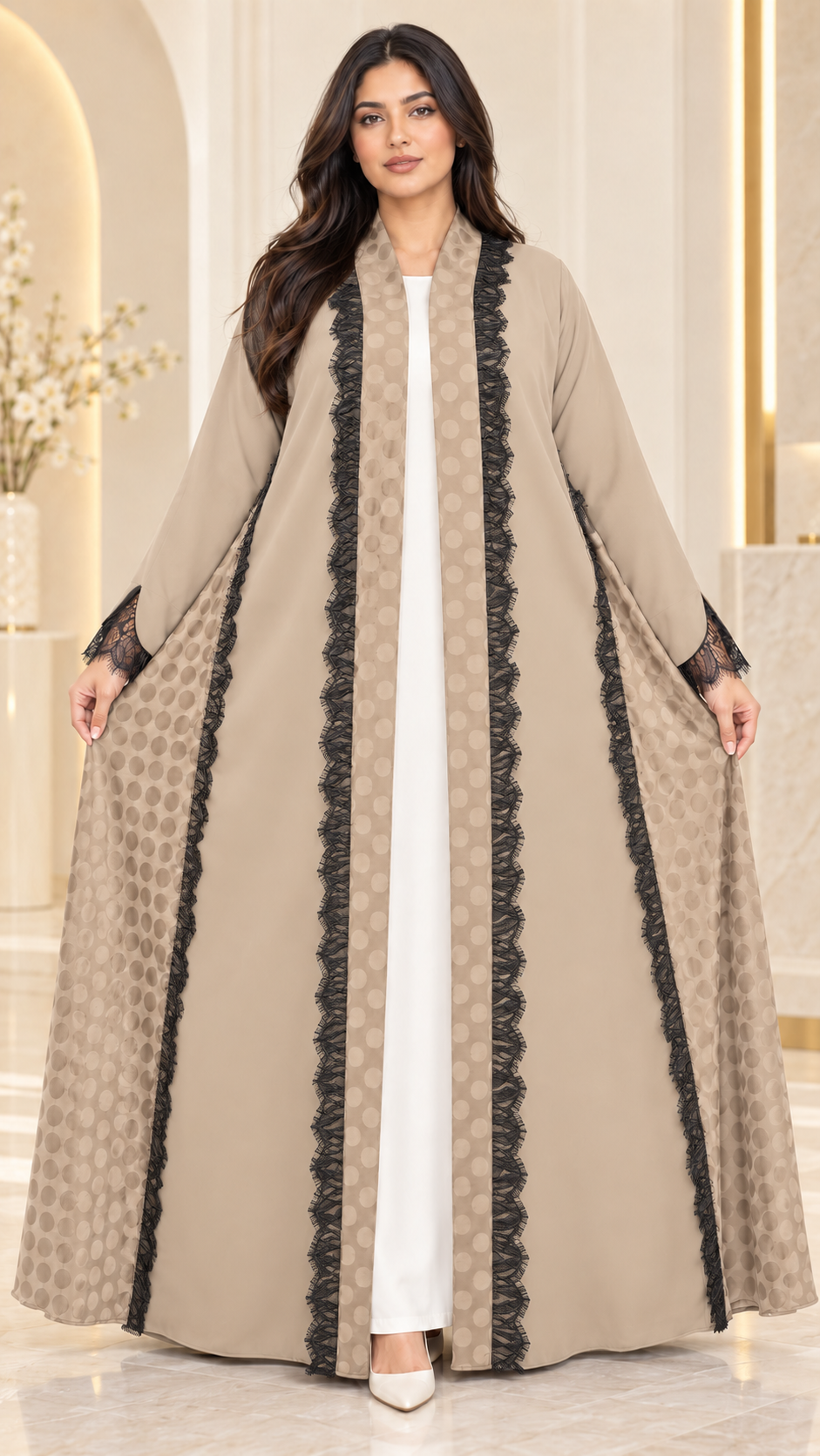 Elegant Flared Open Abaya | Nida PEB with Dantel & Lace | Premium Abaya UAE | AF1008
