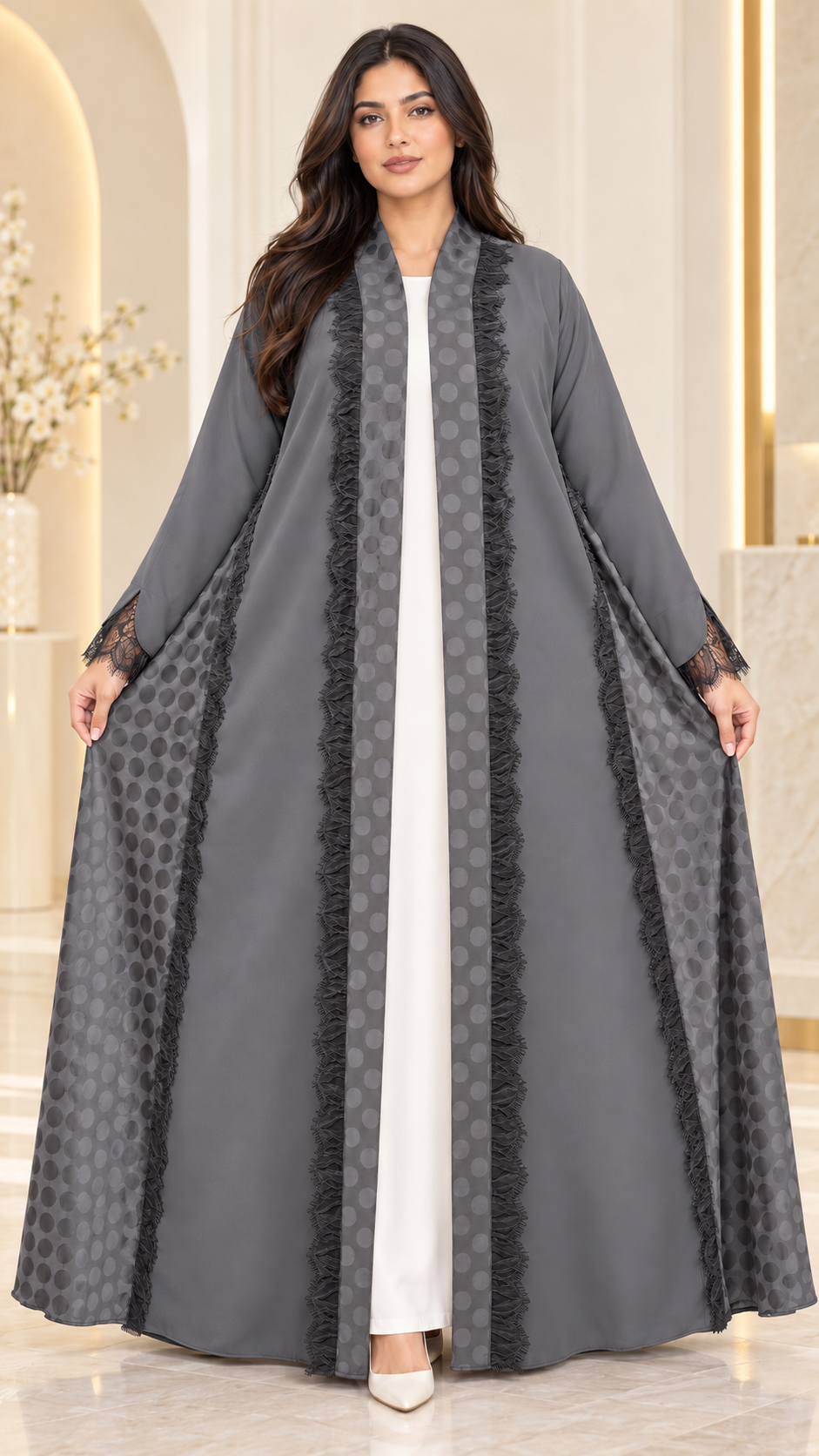 Elegant Flared Open Abaya | Nida PEB with Dantel & Lace | Premium Abaya UAE | AF1008