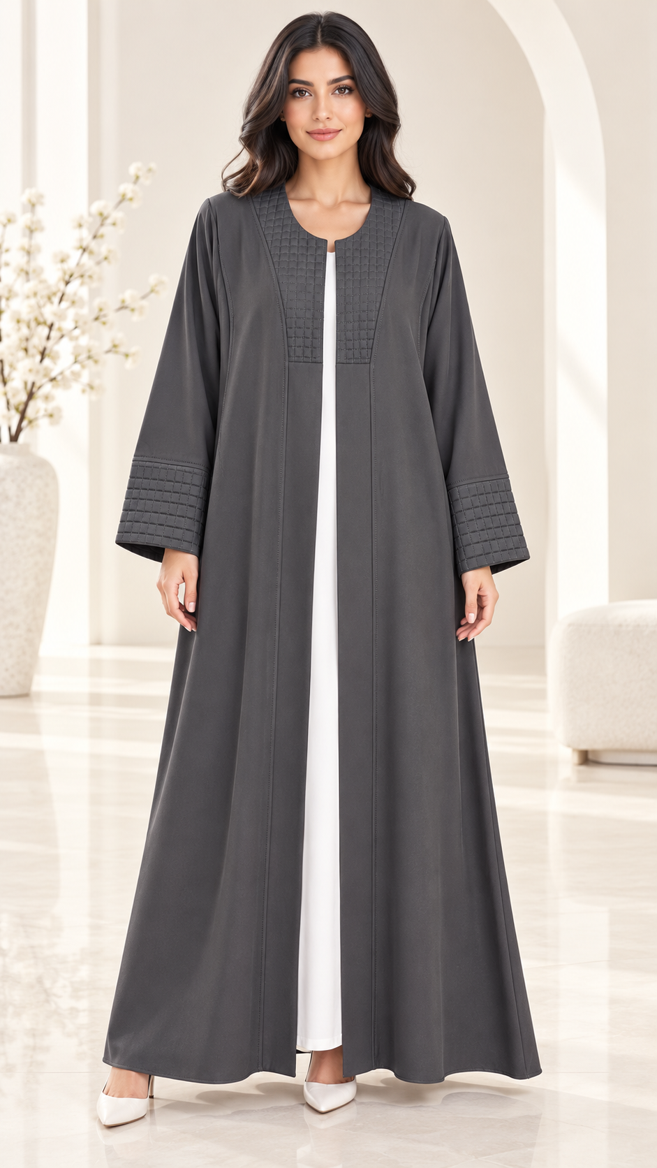 Layali Modern Open Abaya | Square Pattern Detail | Nida PEB | Everyday Abaya UAE | AF1009