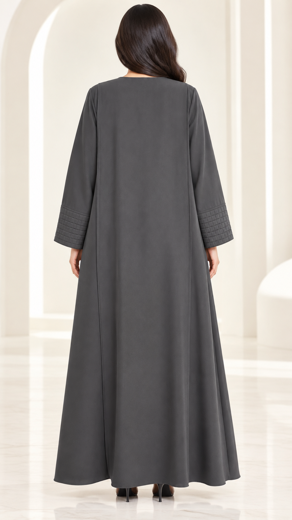 Layali Modern Open Abaya | Square Pattern Detail | Nida PEB | Everyday Abaya UAE | AF1009