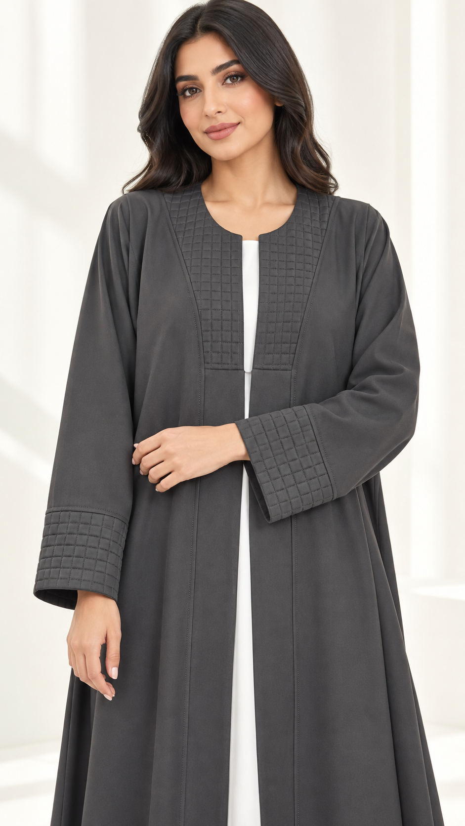 Layali Modern Open Abaya | Square Pattern Detail | Nida PEB | Everyday Abaya UAE | AF1009