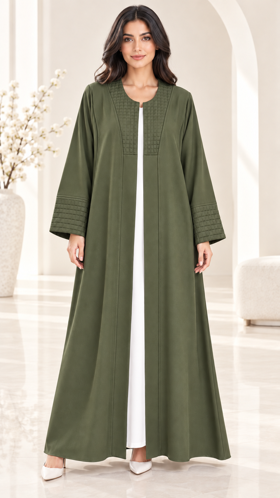 Layali Modern Open Abaya | Square Pattern Detail | Nida PEB | Everyday Abaya UAE | AF1009