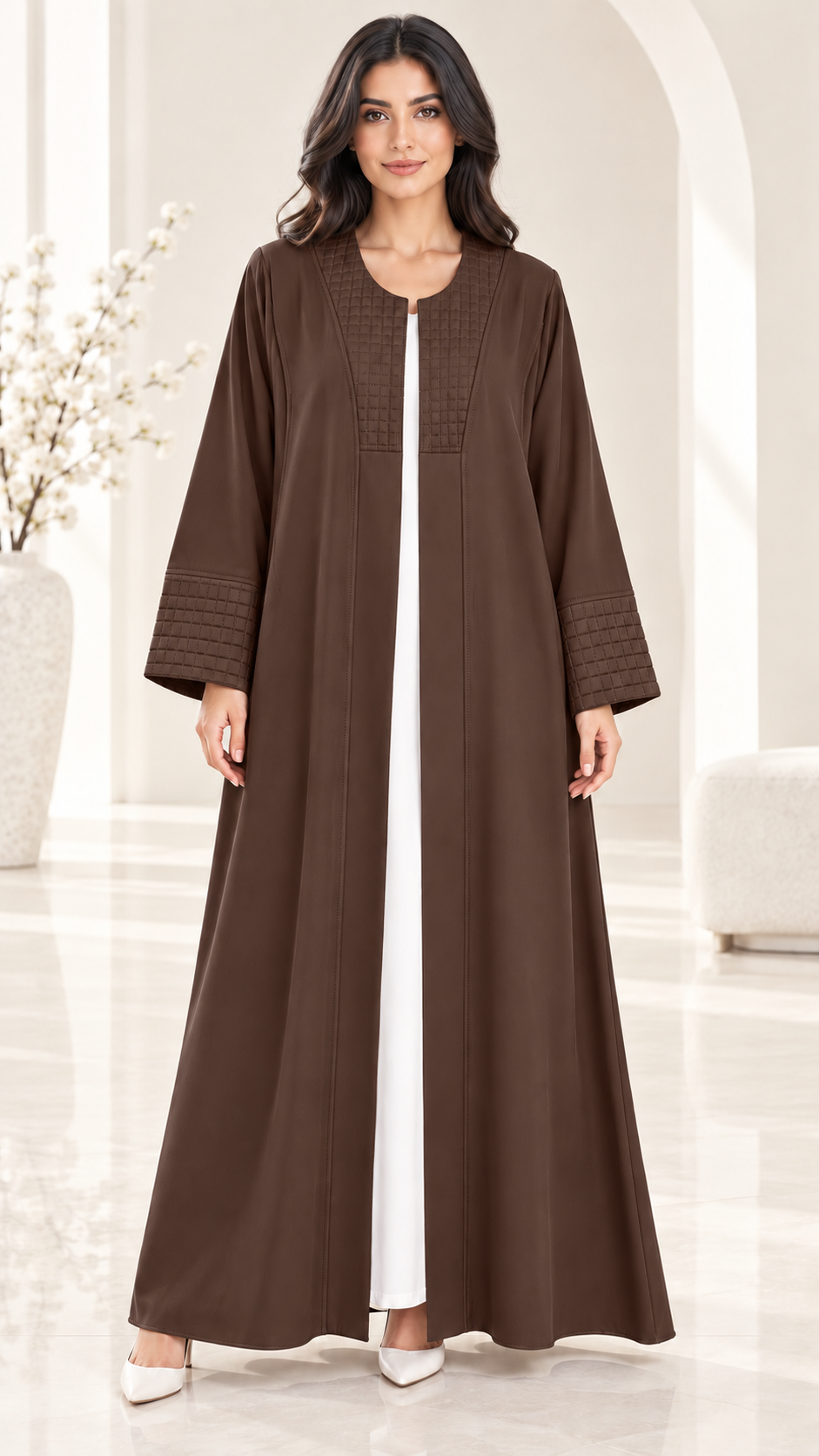 Layali Modern Open Abaya | Square Pattern Detail | Nida PEB | Everyday Abaya UAE | AF1009