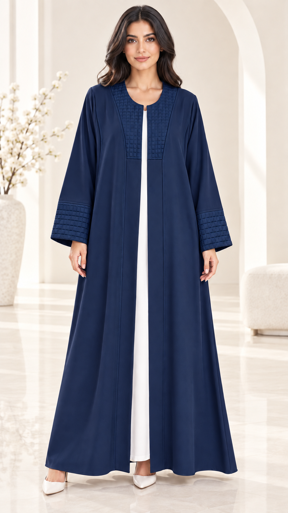 Layali Modern Open Abaya | Square Pattern Detail | Nida PEB | Everyday Abaya UAE | AF1009