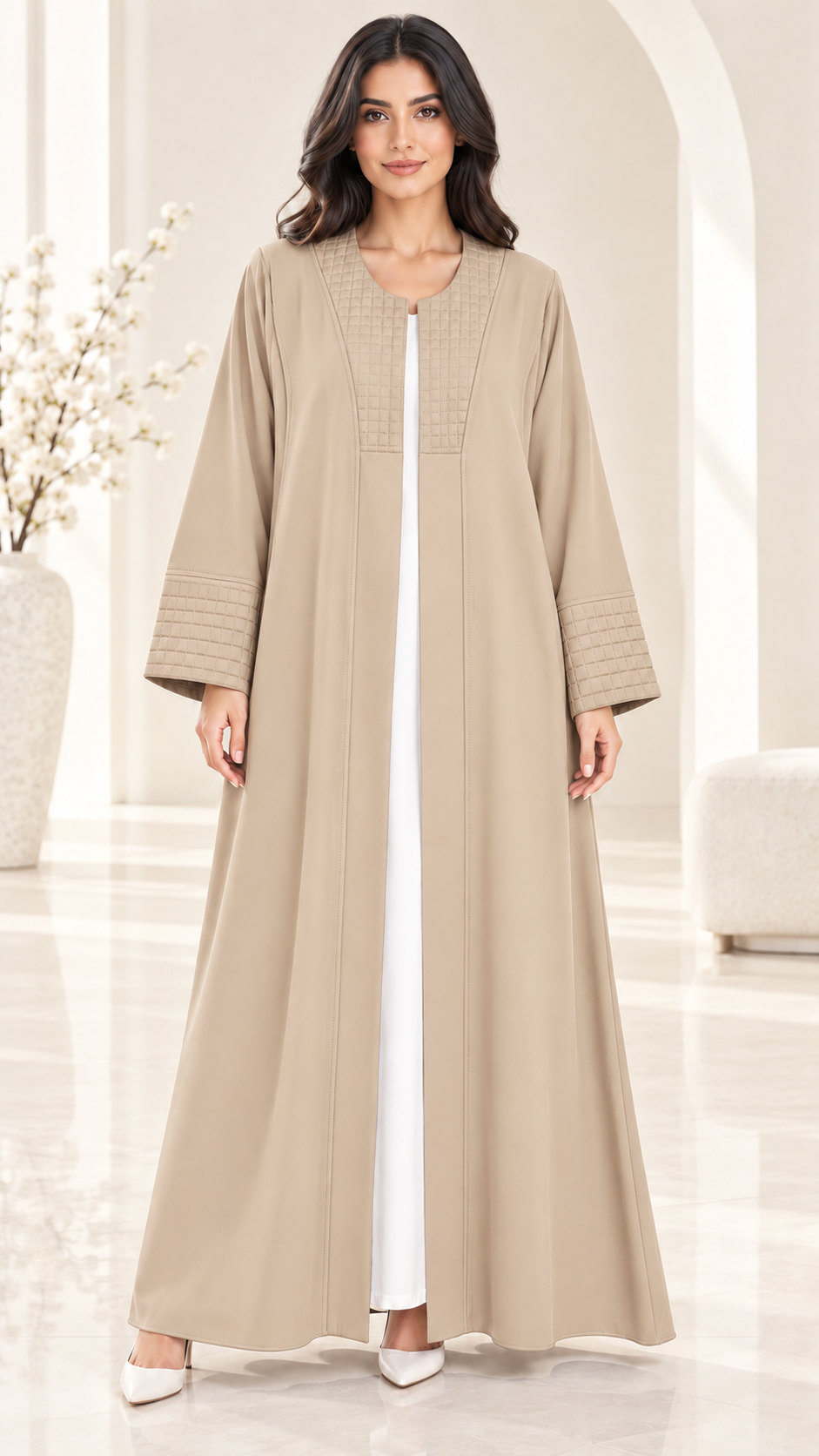 Layali Modern Open Abaya | Square Pattern Detail | Nida PEB | Everyday Abaya UAE | AF1009