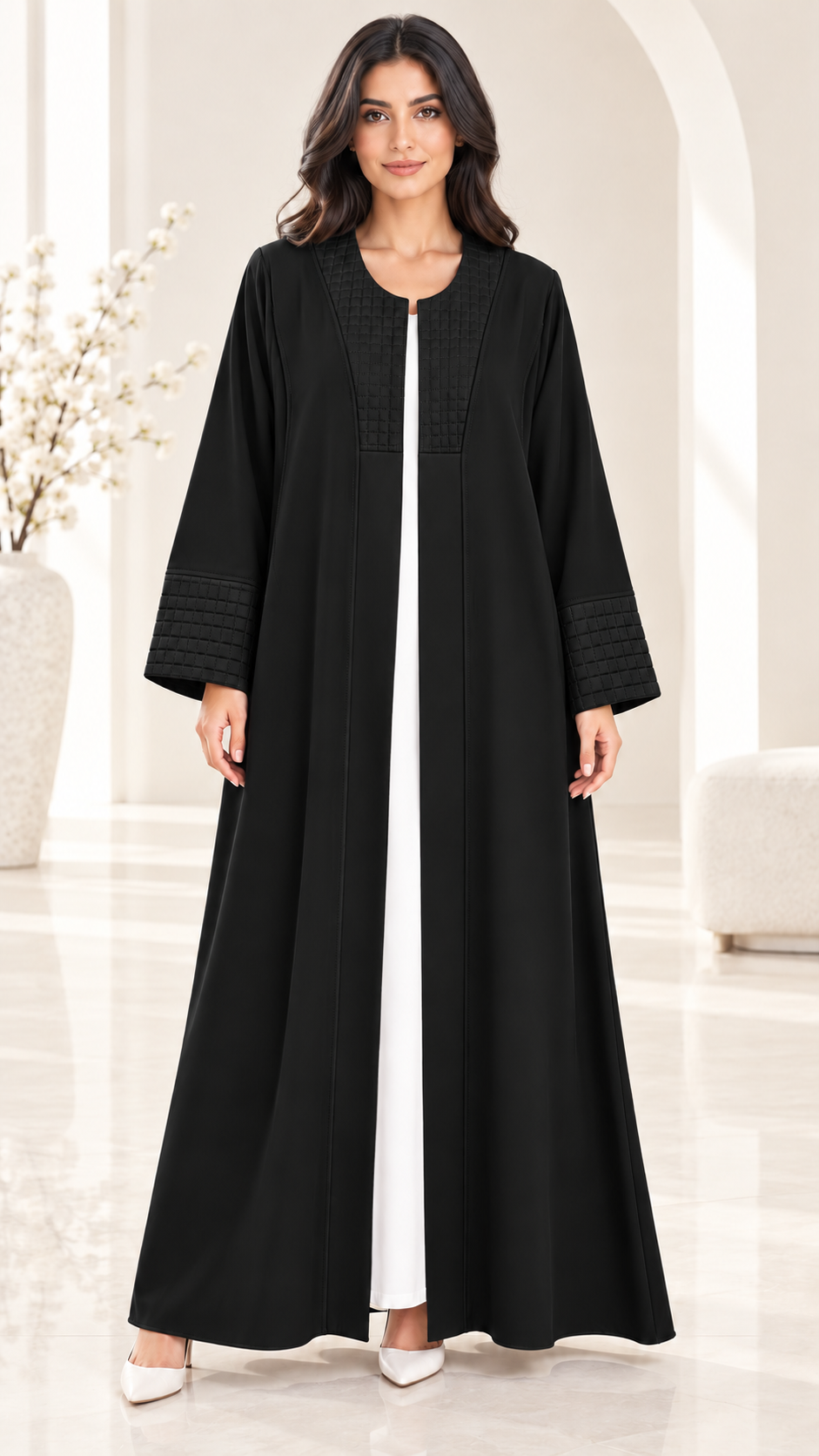 Layali Modern Open Abaya | Square Pattern Detail | Nida PEB | Everyday Abaya UAE | AF1009