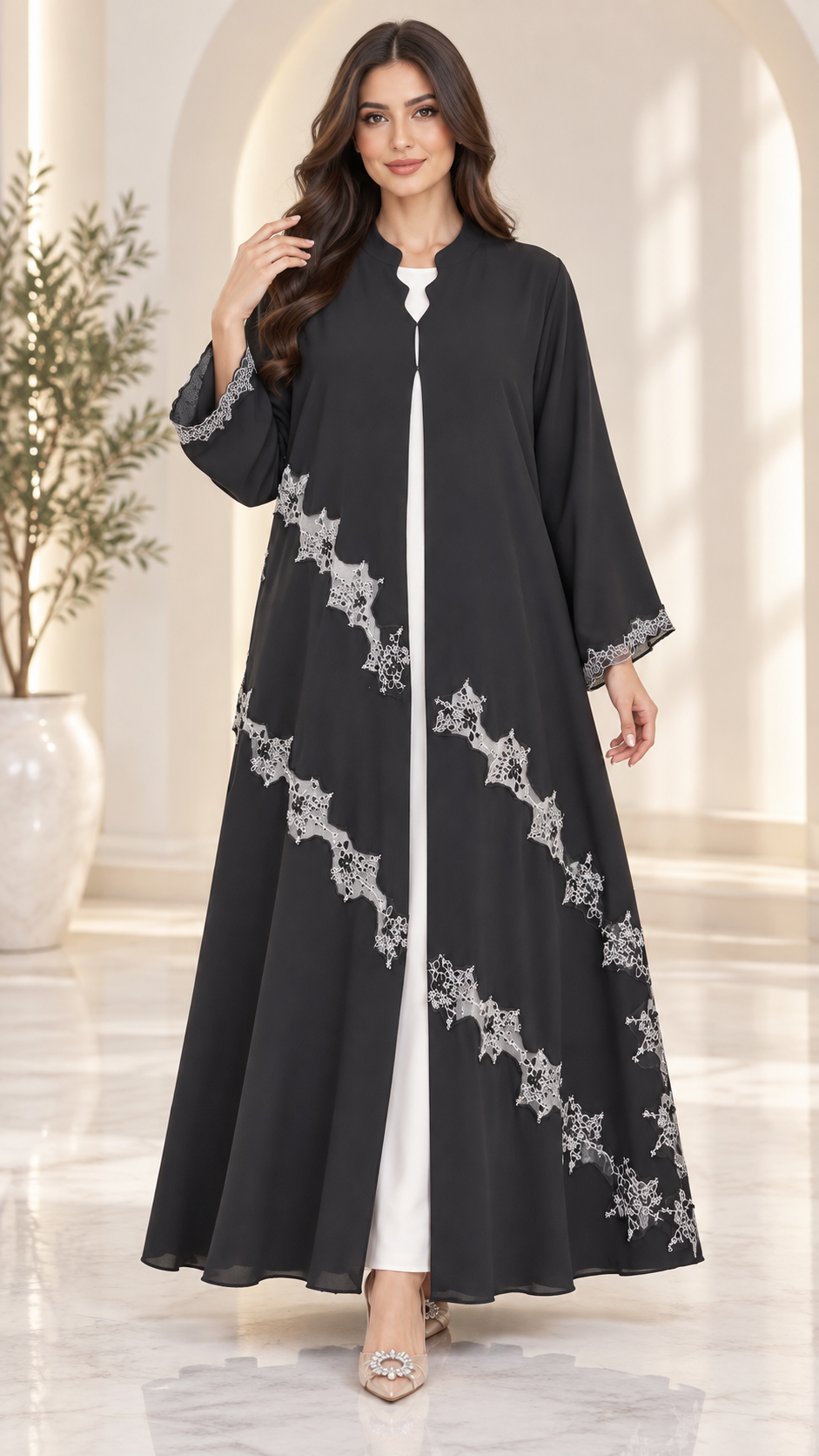 Luna Elegance Open Abaya | Silver Lace Diagonal Pattern | Occasion Abaya UAE | AF1010