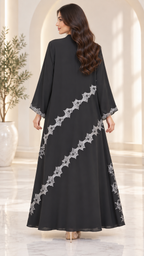 Luna Elegance Open Abaya | Silver Lace Diagonal Pattern | Occasion Abaya UAE | AF1010