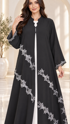 Luna Elegance Open Abaya | Silver Lace Diagonal Pattern | Occasion Abaya UAE | AF1010