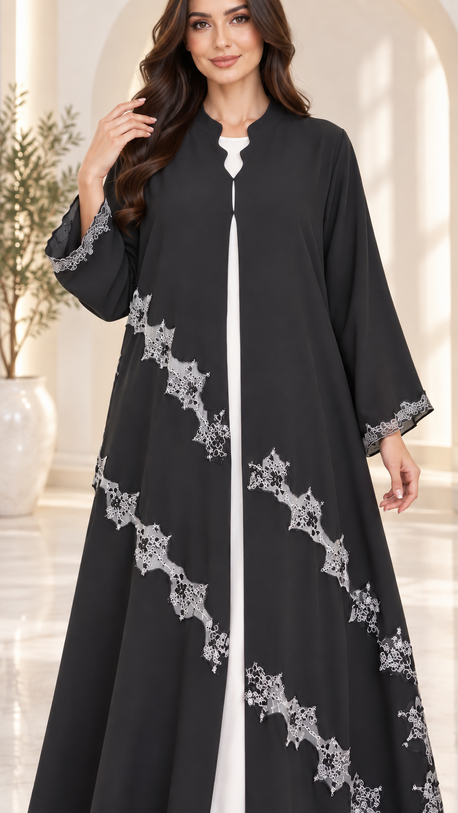 Luna Elegance Open Abaya | Silver Lace Diagonal Pattern | Occasion Abaya UAE | AF1010